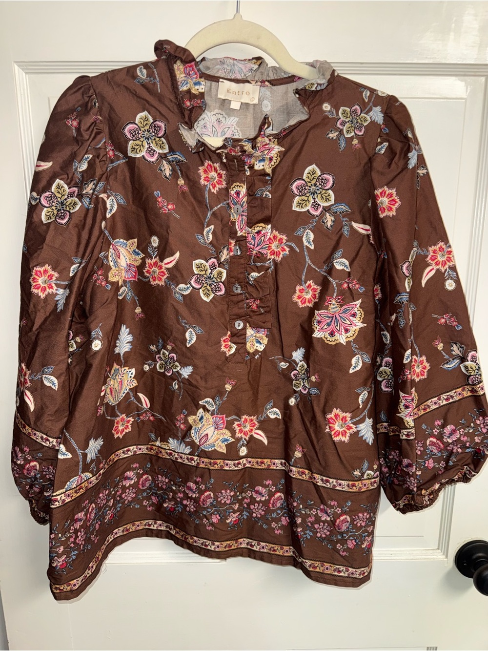 Entro Brown Floral Ruffle-Trim Peasant Blouse size large - Picture 1 of 9